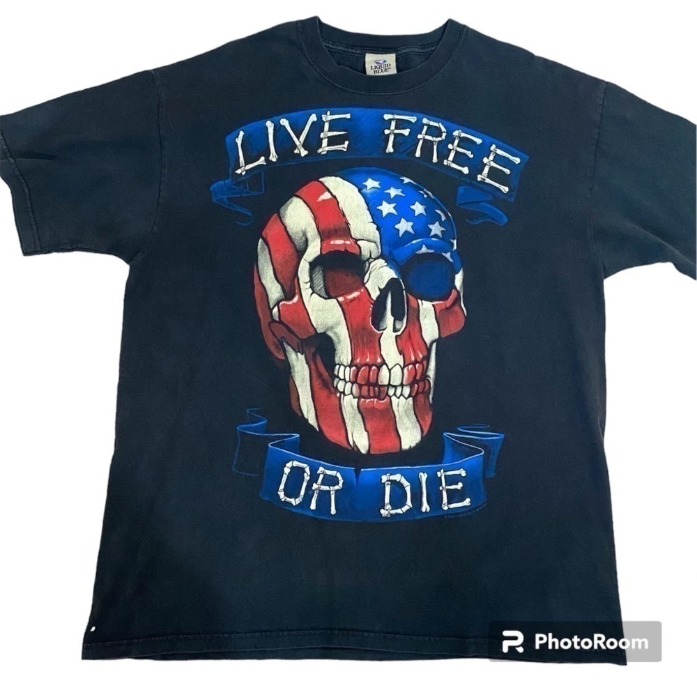 Vintage Liquid Blue USA American Flag Skull T Shirt Live Free Or Die XL 2003